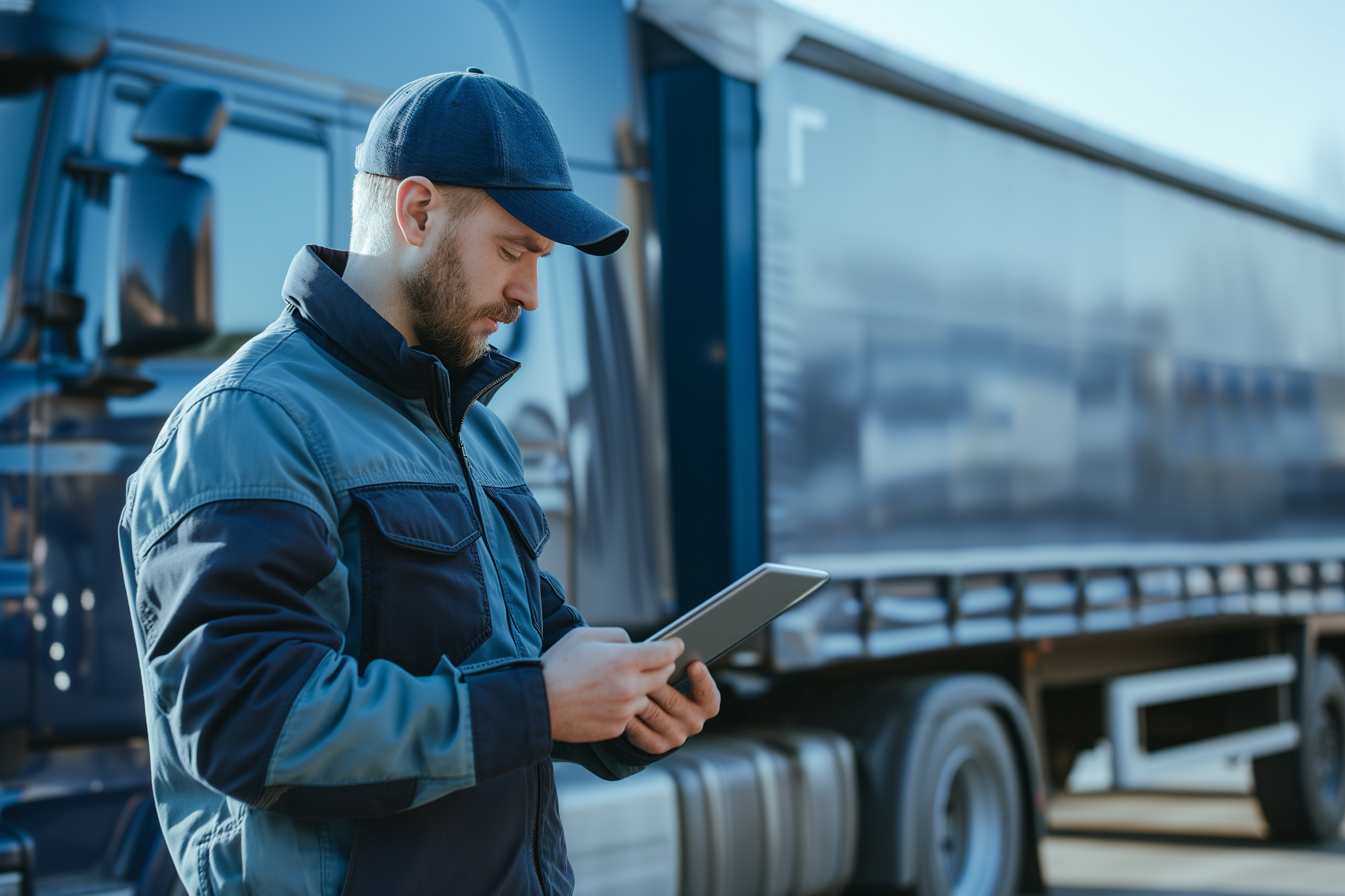 Водитель с планшетом на фоне грузовика